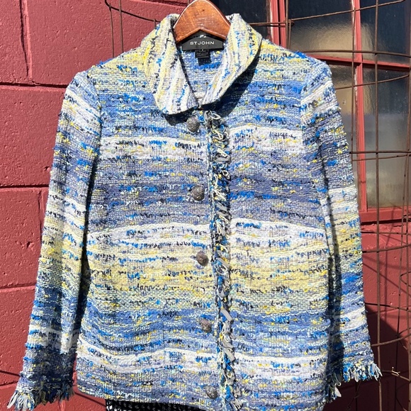 St John sparkly boucle cropped jacket size 2, shades of blue/yellow - Picture 8 of 9